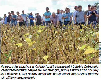 Na początku września w Osieku (część pokazowa) i Golubiu-Dobrzyniu (część teoretyczna) odbyła się konferencja „Buduj z nami szlak polskiej soi”, podczas której zostały omówione perspektywy dla rozwoju uprawy tej rośliny w naszym kraju